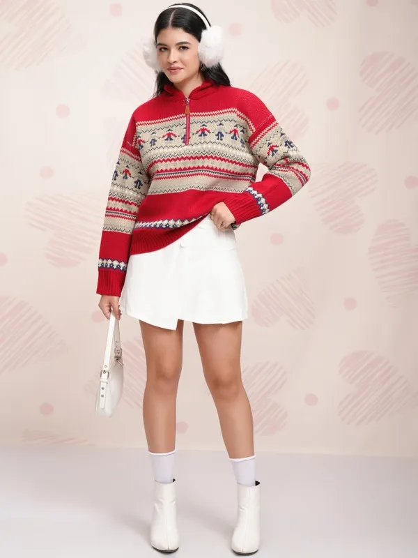 Tokyo Talkies Women Red Shawl Collar Pullover Sweater