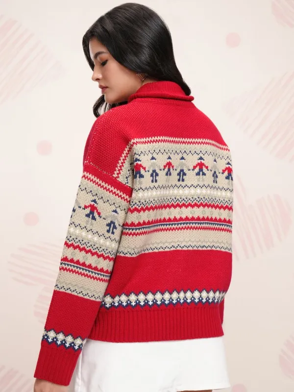 Tokyo Talkies Women Red Shawl Collar Pullover Sweater
