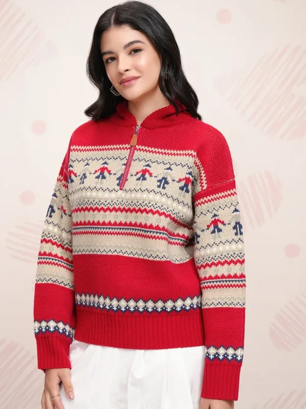 Tokyo Talkies Women Red Shawl Collar Pullover Sweater