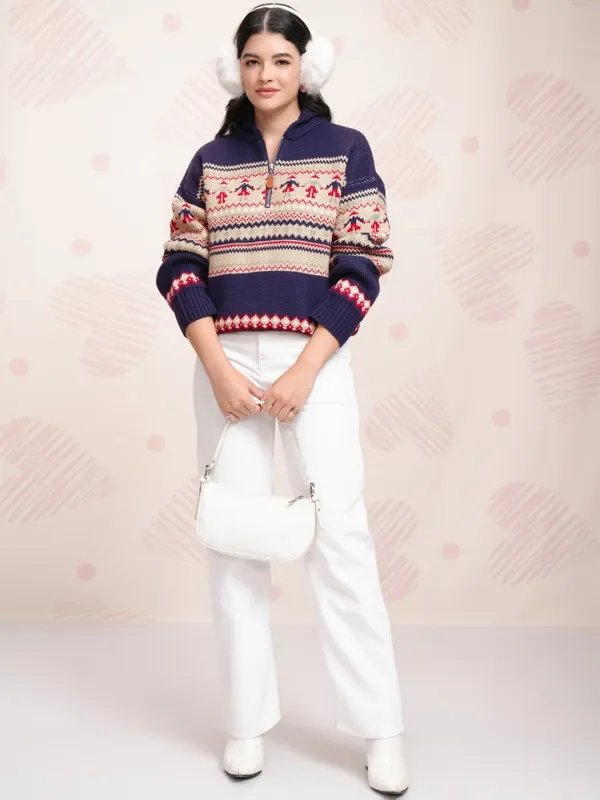 Tokyo Talkies Women Navy Blue Shawl Collar Pullover Sweater
