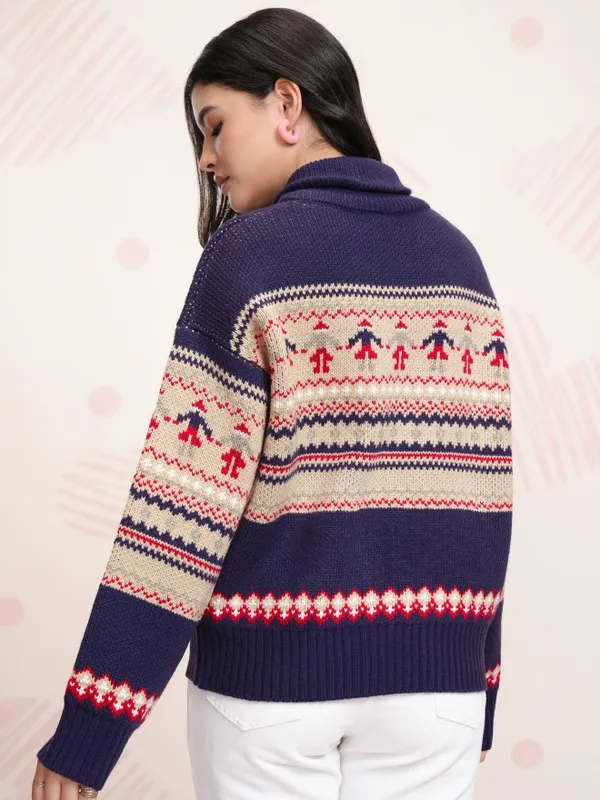 Tokyo Talkies Women Navy Blue Shawl Collar Pullover Sweater