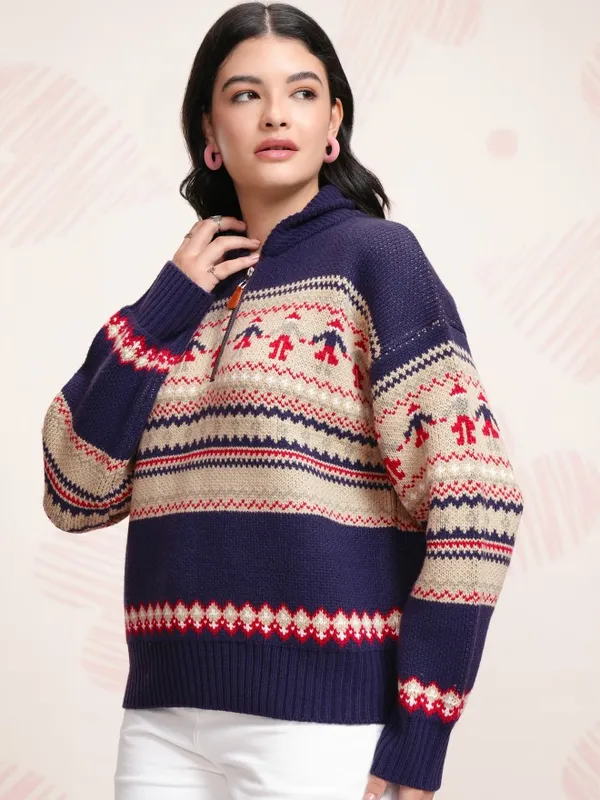 Tokyo Talkies Women Navy Blue Shawl Collar Pullover Sweater