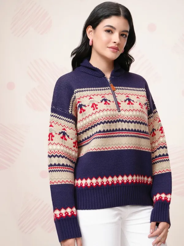 Tokyo Talkies Women Navy Blue Shawl Collar Pullover Sweater