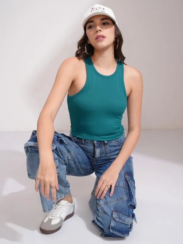 Tokyo Talkies Women Teal Solid Fitted Top