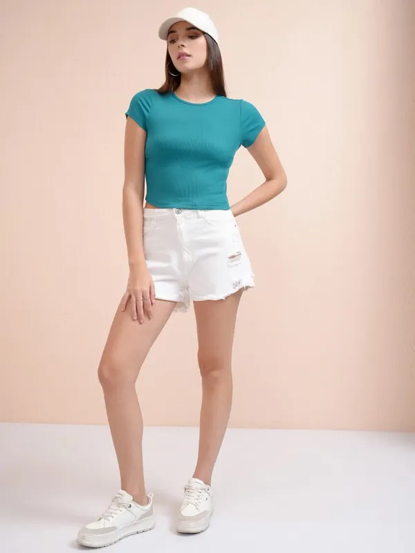 Tokyo Talkies Women Teal Solid Fitted Top