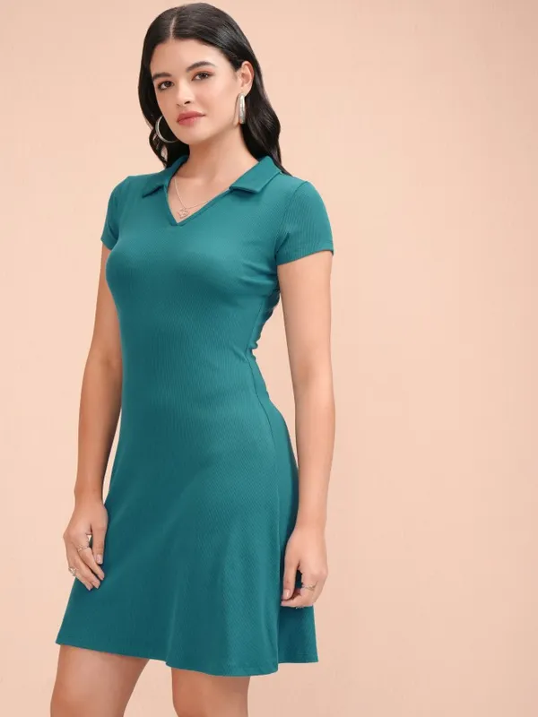 Tokyo Talkies Women Teal Solid Fit and Flare Dress