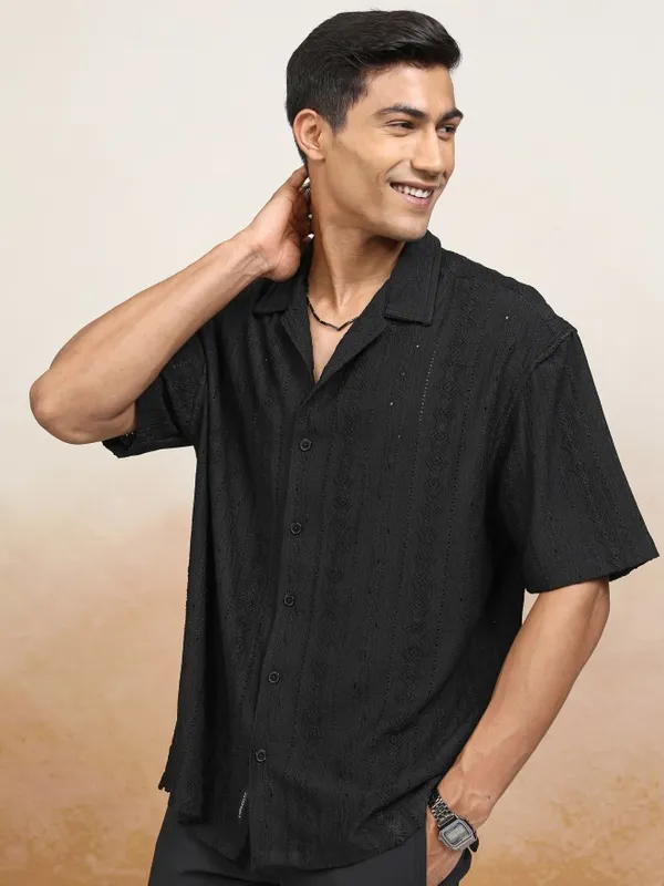Locomotive Men Black Textured Oversized Fit Casual Shirt