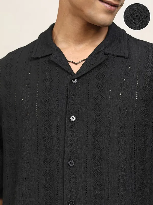 Locomotive Men Black Textured Oversized Fit Casual Shirt