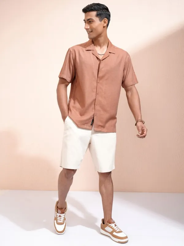 Locomotive Men Rust Solid Relaxed Fit Casual Shirt