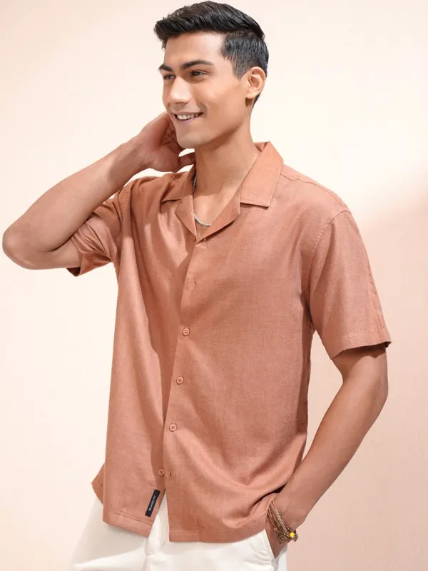 Locomotive Men Rust Solid Relaxed Fit Casual Shirt