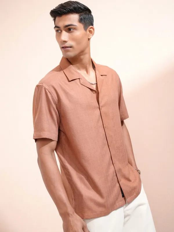 Locomotive Men Rust Solid Relaxed Fit Casual Shirt