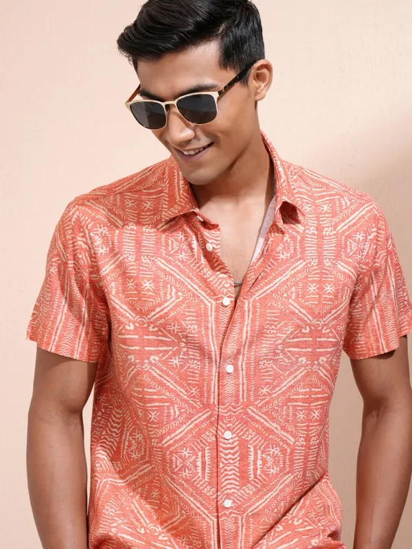 Locomotive Men Orange Printed Slim Fit Casual Shirt