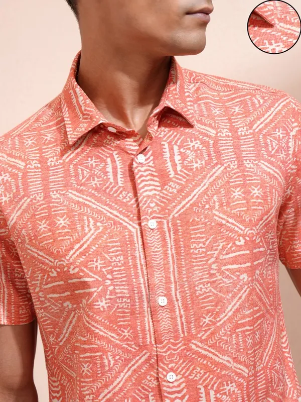 Locomotive Men Orange Printed Slim Fit Casual Shirt