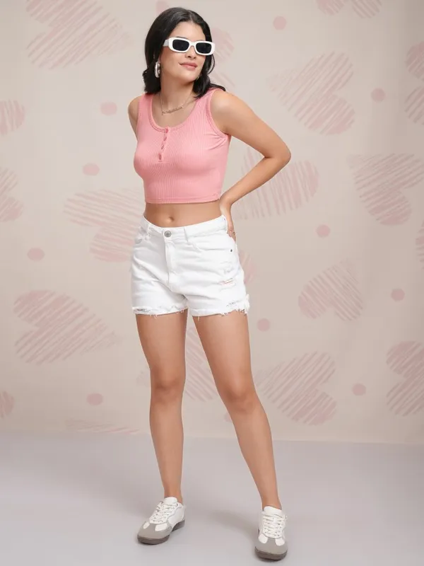 Tokyo Talkies Women Pink Solid Fitted Top