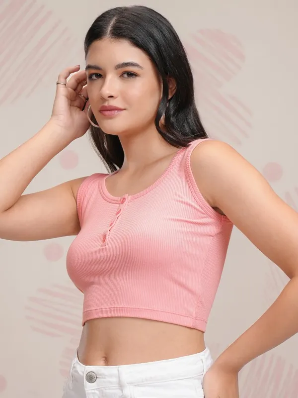 Tokyo Talkies Women Pink Solid Fitted Top