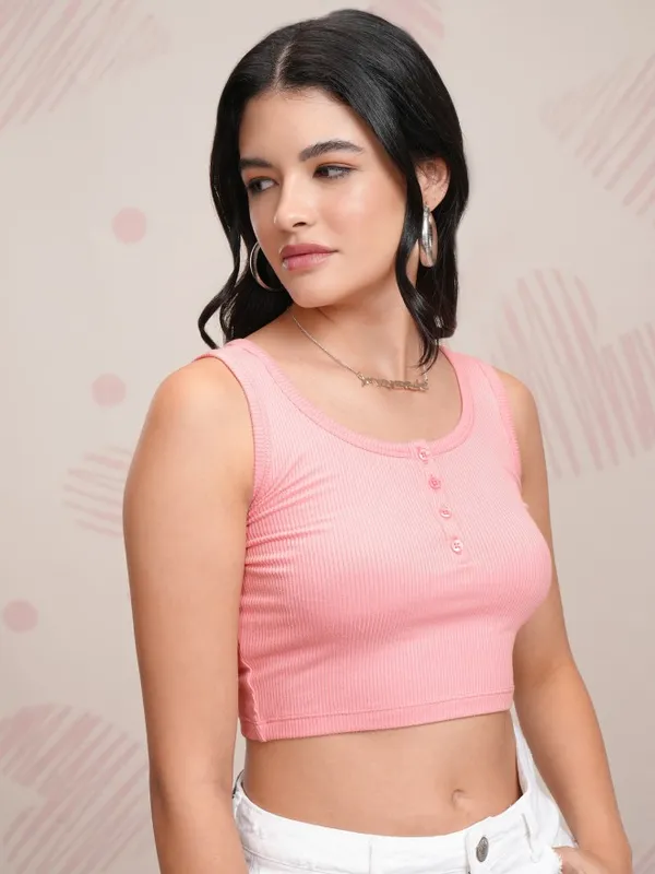 Tokyo Talkies Women Pink Solid Fitted Top