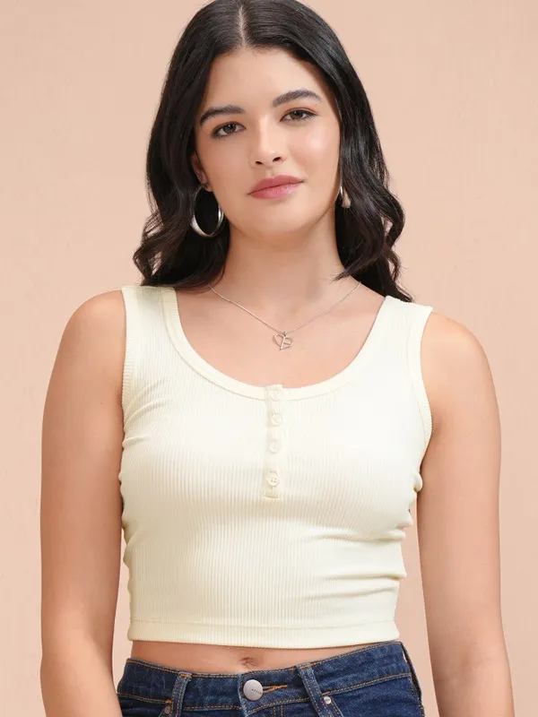 Tokyo Talkies Women Off White Solid Fitted Top