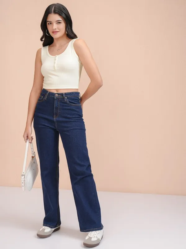 Tokyo Talkies Women Off White Solid Fitted Top