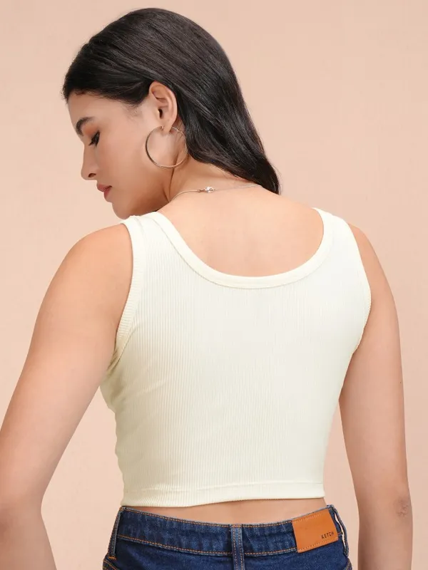 Tokyo Talkies Women Off White Solid Fitted Top