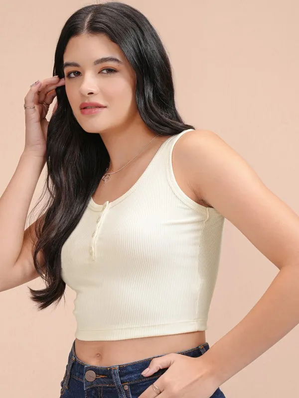 Tokyo Talkies Women Off White Solid Fitted Top