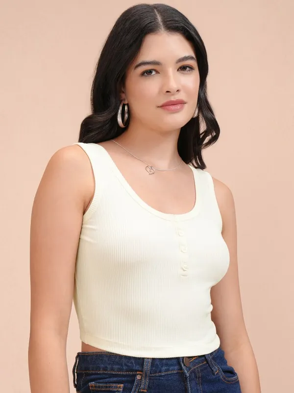 Tokyo Talkies Women Off White Solid Fitted Top