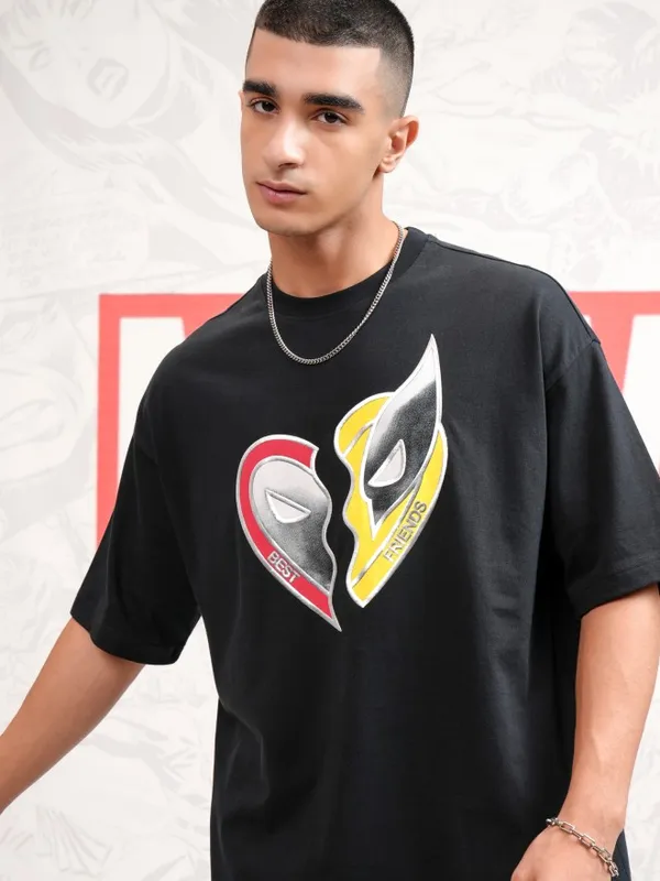 Marvel By Highlander Men Black Deadpool And Wolverine Printed Round Neck Oversized Fit T-Shirt