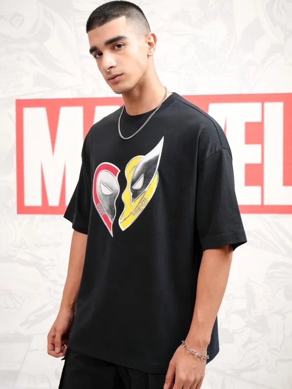 Marvel By Highlander Men Black Deadpool And Wolverine Printed Round Neck Oversized Fit T-Shirt
