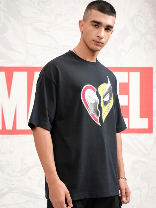 Marvel By Highlander Men Black Deadpool And Wolverine Printed Round Neck Oversized Fit T-Shirt