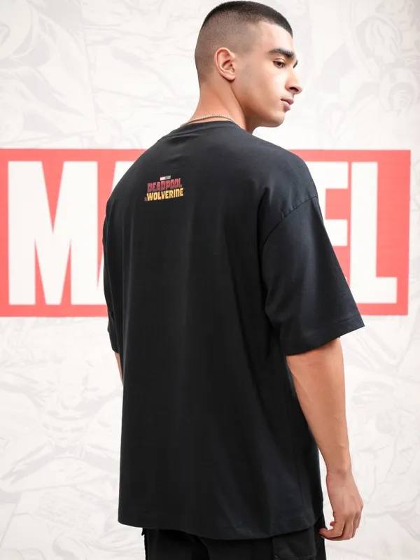 Marvel By Highlander Men Black Deadpool & Wolverine Printed Round Neck Oversized Fit T-Shirt