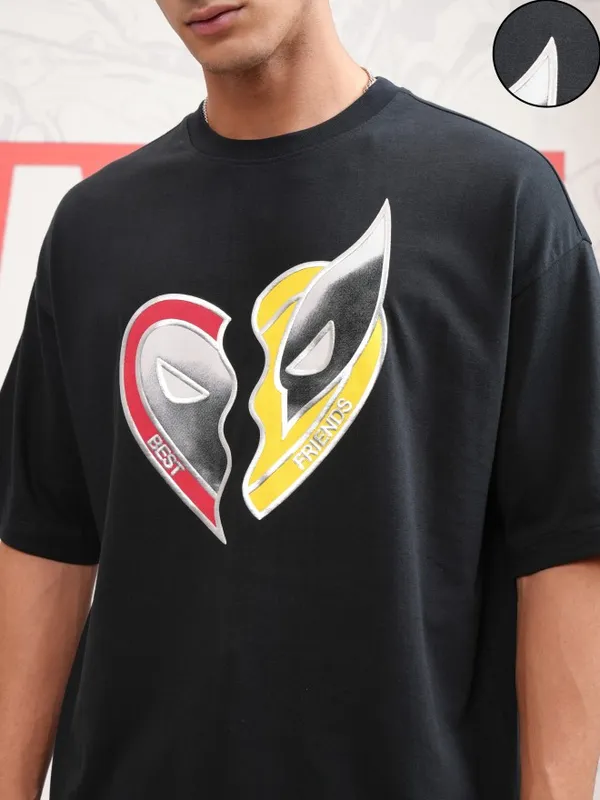 Marvel By Highlander Men Black Deadpool & Wolverine Printed Round Neck Oversized Fit T-Shirt