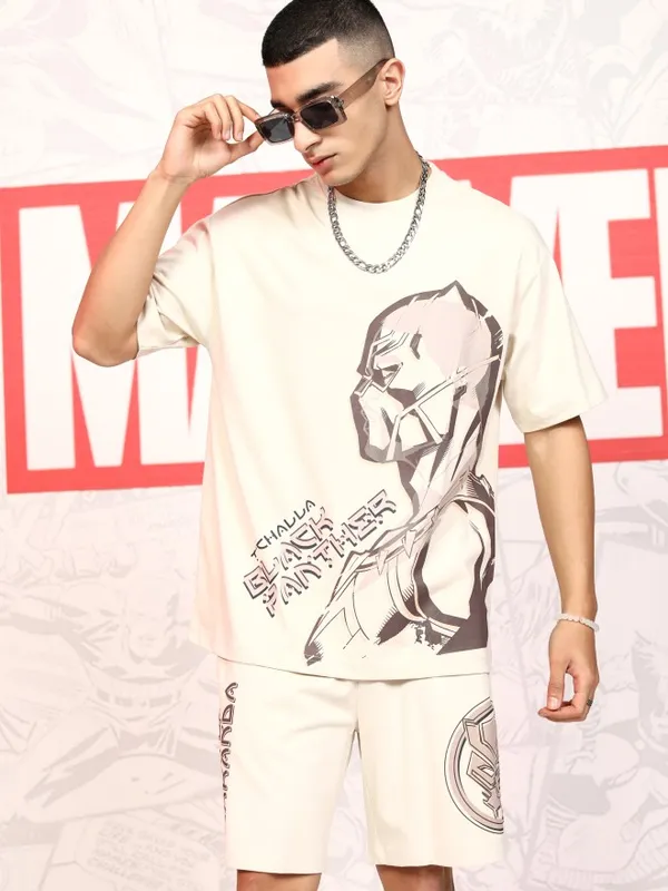 Marvel By Highlander Men Beige Black Panther T-Shirt With Shorts Co-Ords