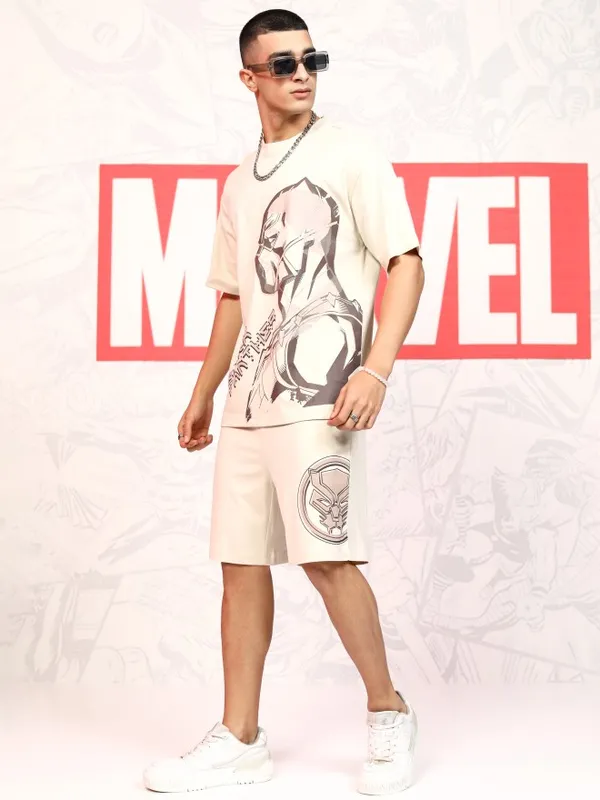 Marvel By Highlander Men Beige Black Panther T-Shirt With Shorts Co-Ords
