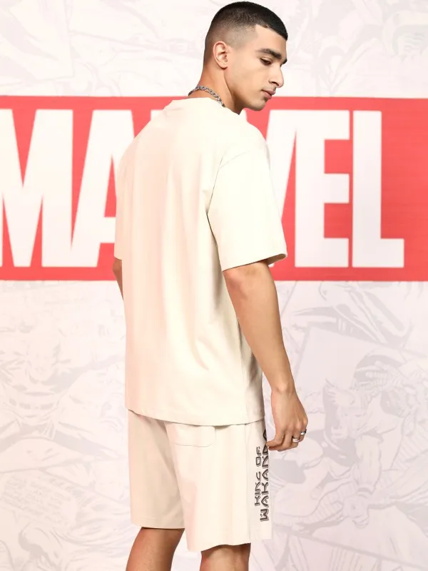 Marvel By Highlander Men Beige Black Panther T-Shirt With Shorts Co-Ords