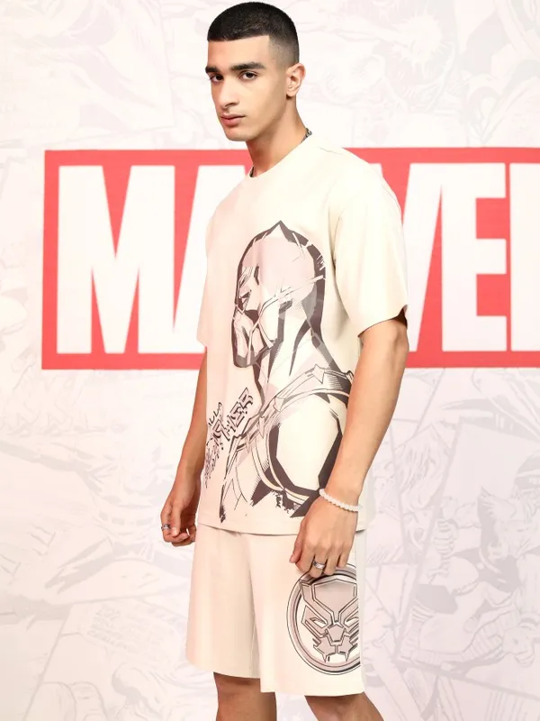 Marvel By Highlander Men Beige Black Panther T-Shirt With Shorts Co-Ords