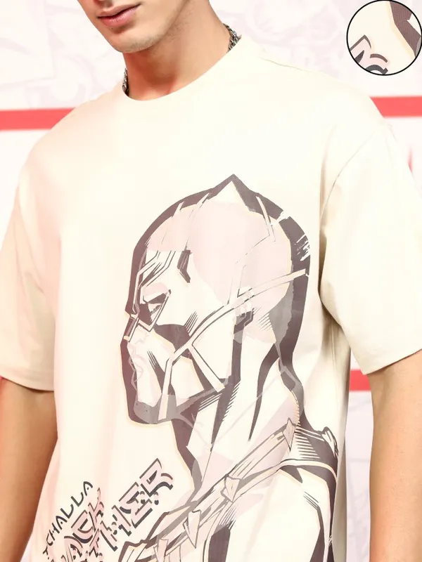 Marvel By Highlander Men Beige Black Panther T-Shirt With Shorts Co-Ords