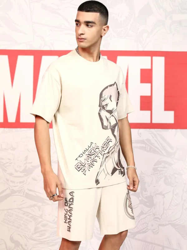 Marvel By Highlander Men Beige Black Panther T-Shirt With Shorts Co-Ords