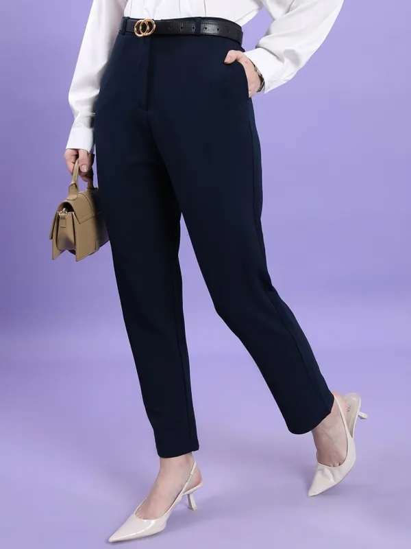 Tokyo Talkies Women Navy Blue Solid Slim Fit Casual Trouser