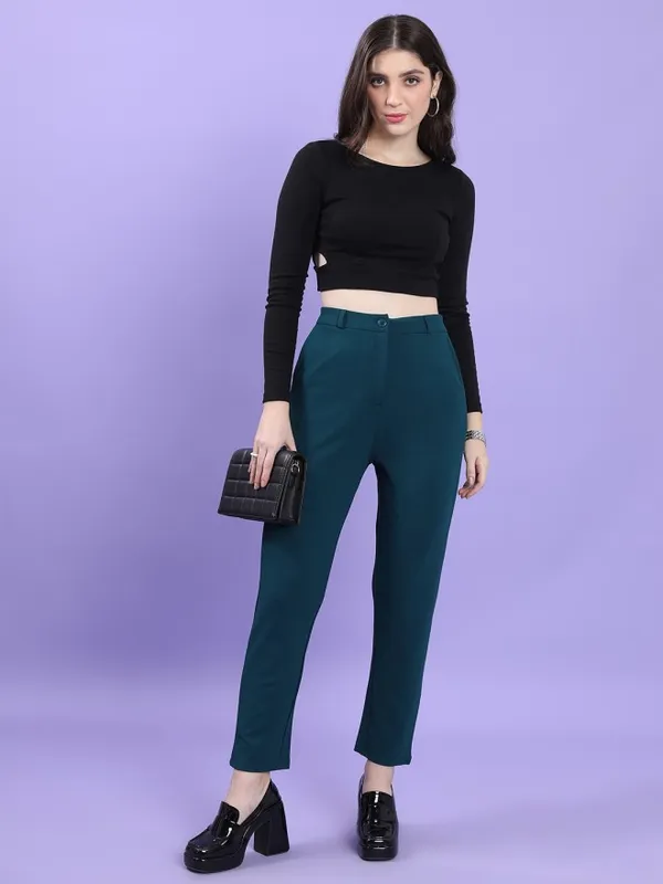 Tokyo Talkies Women Teal Solid Slim Fit Casual Trouser