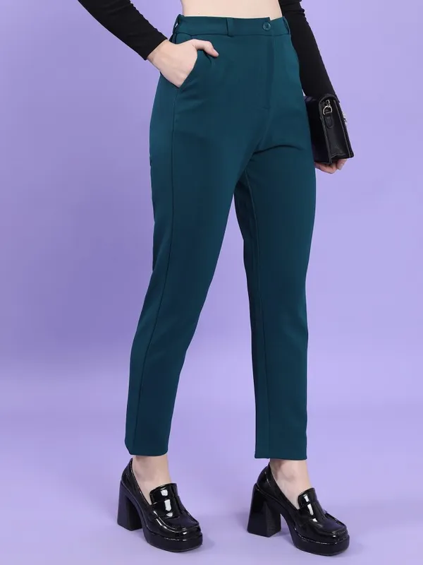 Tokyo Talkies Women Teal Solid Slim Fit Casual Trouser