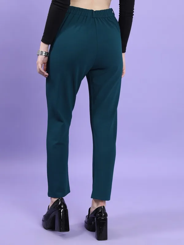 Tokyo Talkies Women Teal Solid Slim Fit Casual Trouser