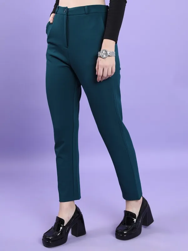 Tokyo Talkies Women Teal Solid Slim Fit Casual Trouser