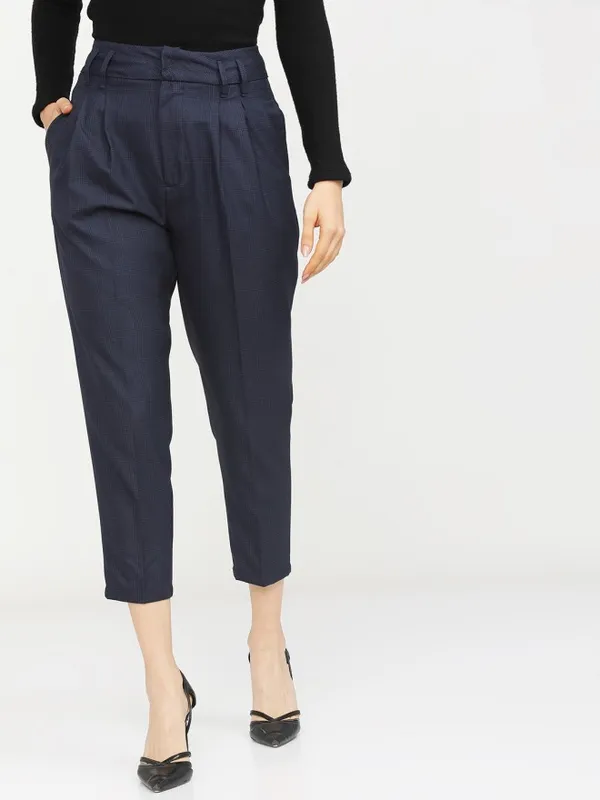 Tokyo Talkies Women Navy Blue Solid Regular Fit Casual Trouser