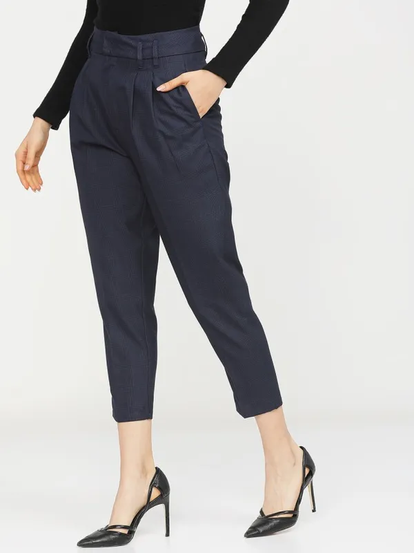 Tokyo Talkies Women Navy Blue Solid Regular Fit Casual Trouser