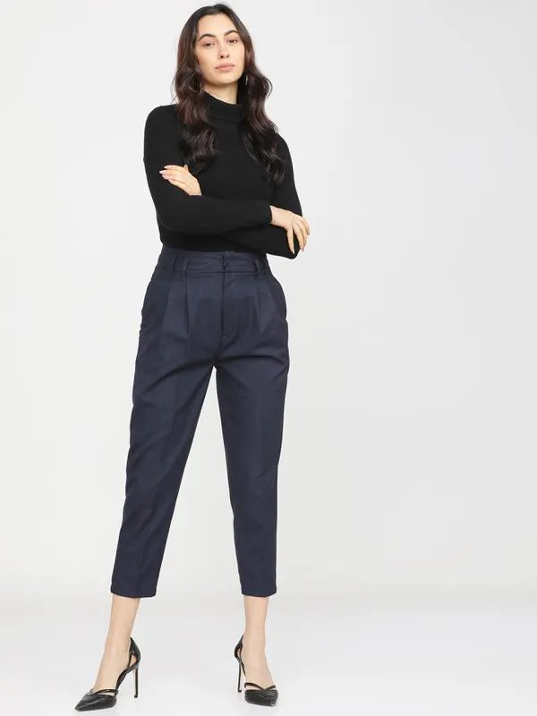 Tokyo Talkies Women Navy Blue Solid Regular Fit Casual Trouser