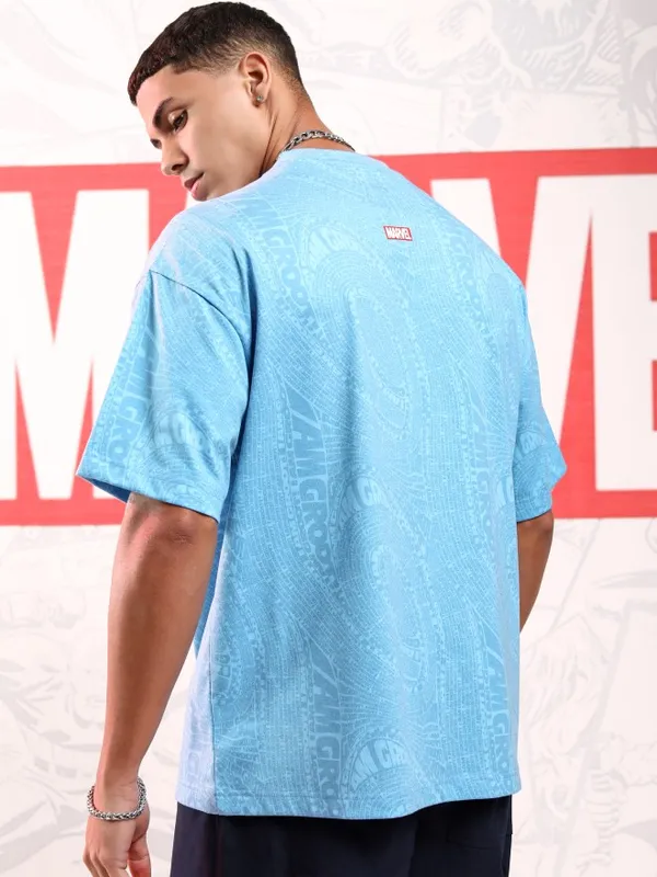 Marvel By Highlander Men Blue Groot Printed Round Neck Oversized Fit T-Shirt