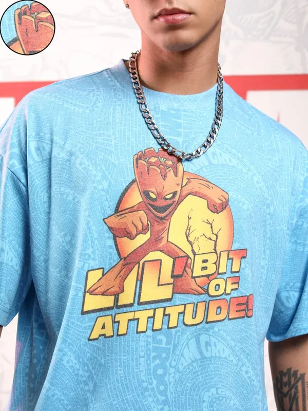 Marvel By Highlander Men Blue Groot Printed Round Neck Oversized Fit T-Shirt