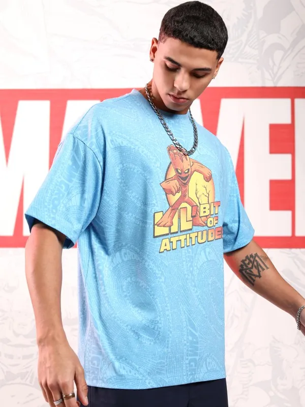 Marvel By Highlander Men Blue Groot Printed Round Neck Oversized Fit T-Shirt