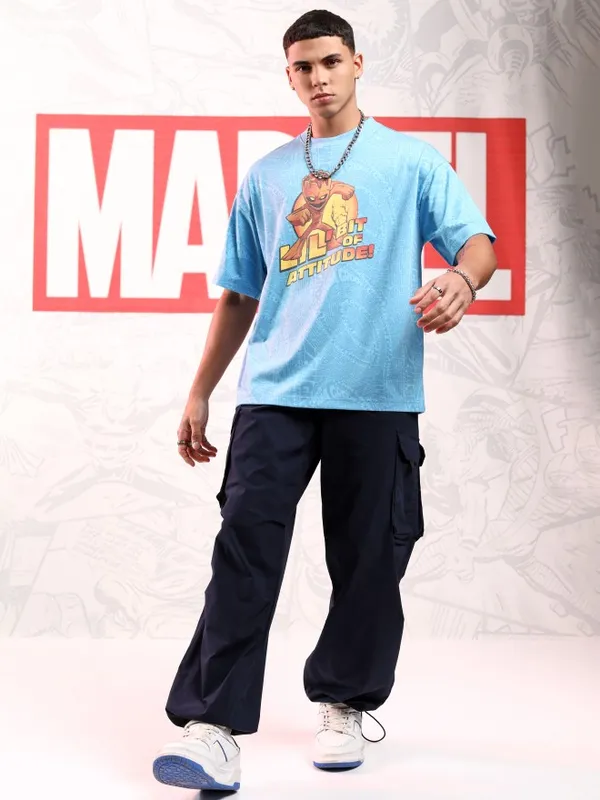 Marvel By Highlander Men Blue Groot Printed Round Neck Oversized Fit T-Shirt