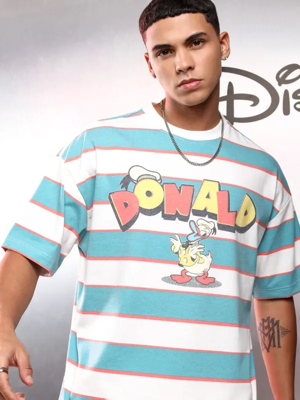 Disney By Highlander Men Blue Donald Duck Printed Round Neck Oversized Fit T-Shirt