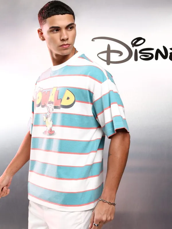 Disney By Highlander Men Blue Donald Duck Printed Round Neck Oversized Fit T-Shirt